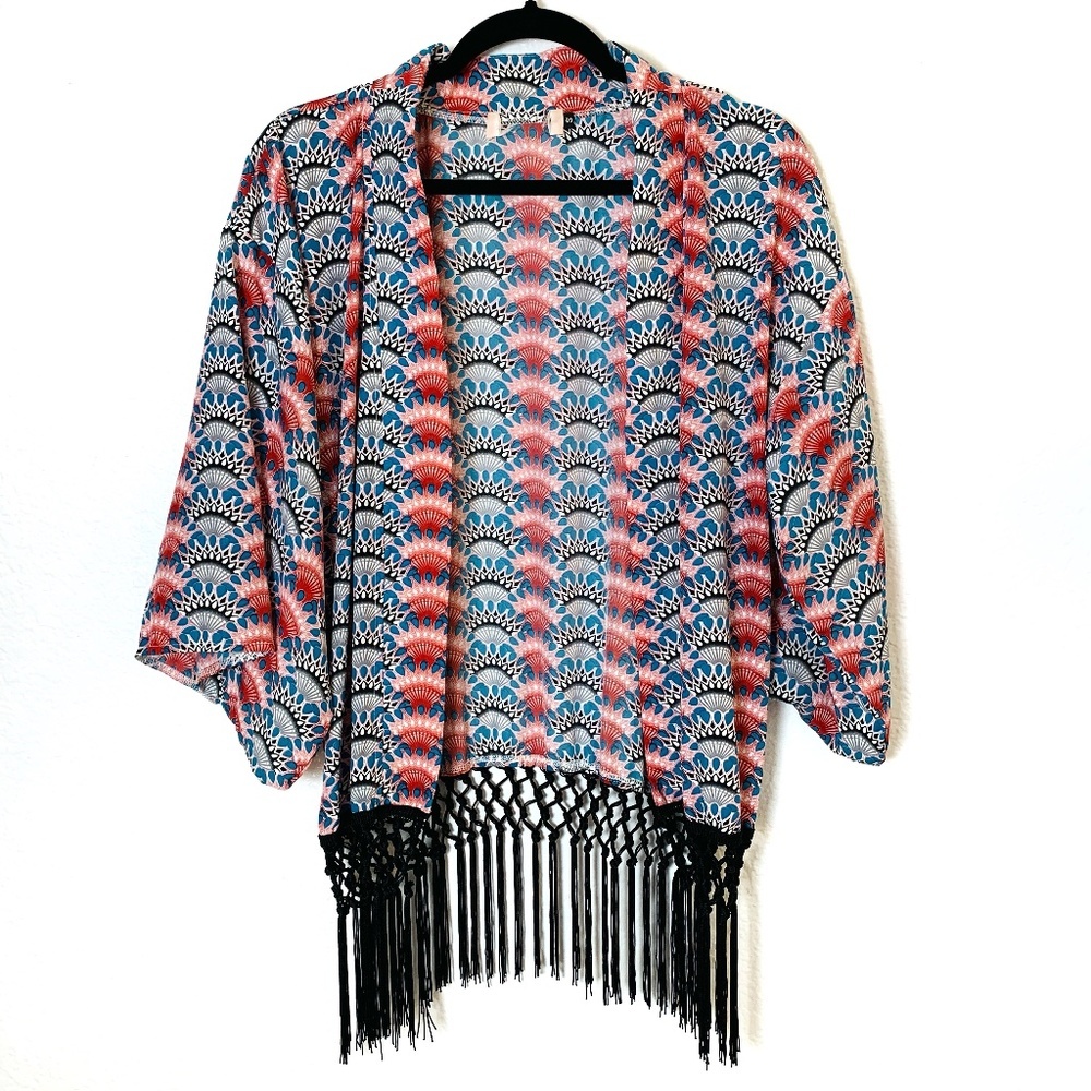 Kimono Blouse Size Small Open Front Fan Print Fringe Boho Layering Piece Satin